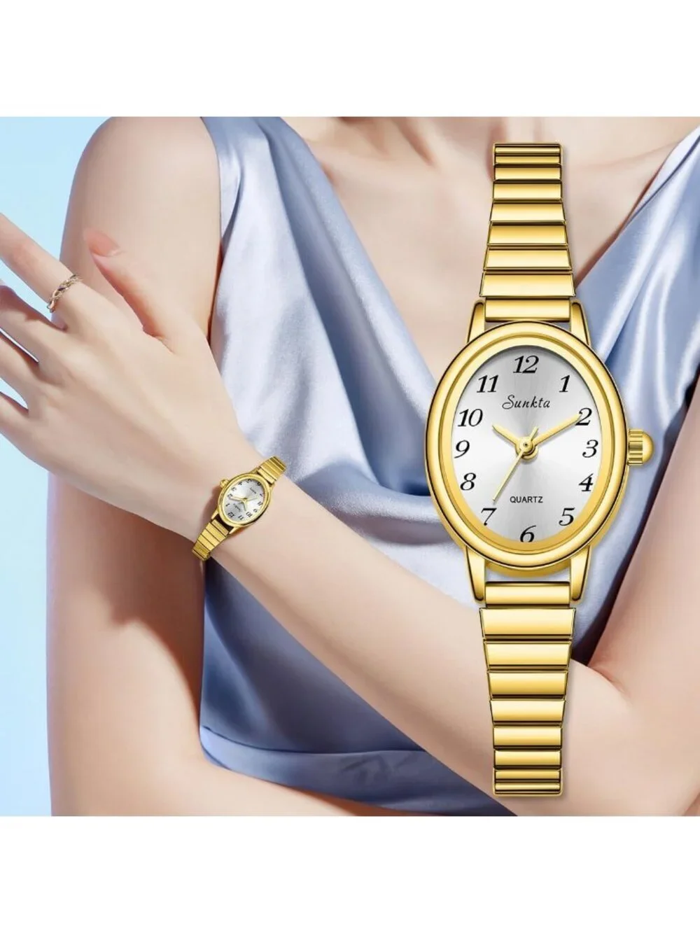 Women's Gold White Easy Read Oval Dial Analog Stainless Steel Bracelet Watch